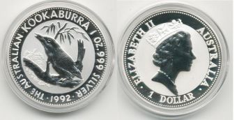 Доллар 1992 Кукабурра Серебро Пруф Унция