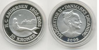 Дания 10 крон 2005 год, Андерсен, Русалочка, унция серебра, пруф