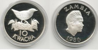 Замбия, 10 Квача, 1986 год, Птица, Серебро Пруф