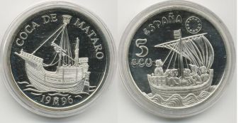 Испания, 5 Экю, 1996 год, Парусник, Серебро, Унция, Пруф