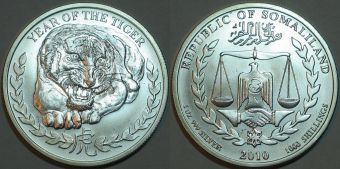 1000 Шиллингов Сомали 2010 Тигр Серебро Унция
