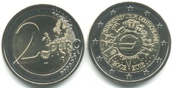 2 Евро Германия 2012 10 лет наличному Евро, монетный двор А