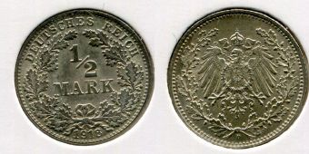 1/2 Марки Германия 1918 год, Серебро