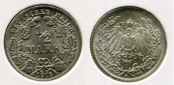 1/2 Марки Германия 1918 год, Серебро