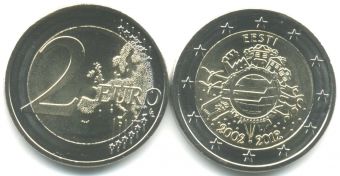 2 Евро Эстония 2012 10 лет наличному Евро