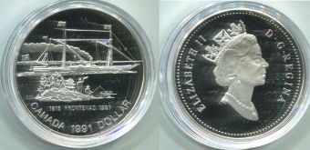 Доллар Канада 1991 год, парусник, Фронтенак, серебро, пруф  