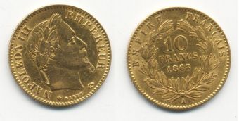 Франция 10 Франков 1868 Наполеон 3