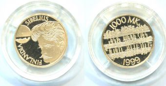 1000 Марок Финляндия 1999 год Сибелиус Золото Пруф