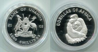 Уганда 1000 Шиллингов, 2003 год, Горилла с детенышем, Пруф.