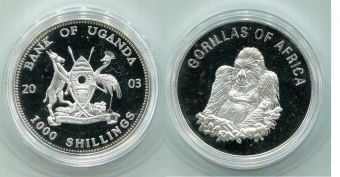 Уганда 1000 Шиллингов, 2003 год, Горилла, Пруф.