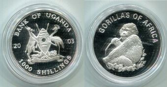 Уганда 1000 Шиллингов, 2003 год, Горилла, Пруф.