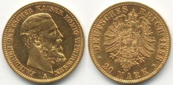 20 Марок Германия 1888 Золото