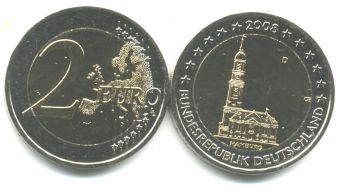 2 Евро Германия 2008 D церковь святого Михаила, Гамбург 