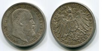 2 Марки Германия 1907 год, Вюртемберг, Вильгельм, Серебро