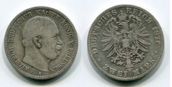 2 Марки Германия 1876 год, Пруссия, Серебро
