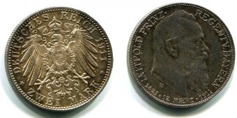 2 Марки Германия 1911 D Бавария Серебро 