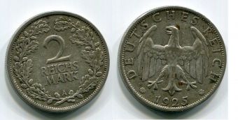 2 Марки Германия 1925 год, Веймар, Серебро
