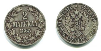 2 Марки Русская Финляндия 1865 год, серебро.