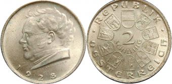 Австрия 2 Шиллинга 1928 год Шуберт