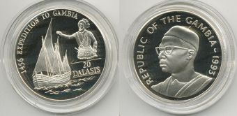 Гамбия 20 Даласис, 1993 год, Парусник, Серебро, Пруф