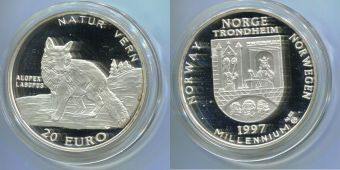 Норвегия 20 Евро 1997 Лиса Серебро Пруф 