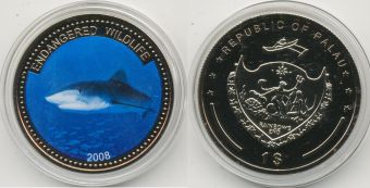 Доллар Палау 2008 акула цветная эмаль 