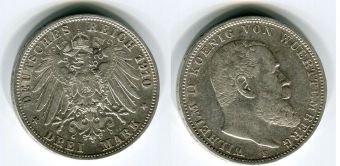3 Марки Германия 1910 год, Вюртемберг, Вильгельм, Серебро