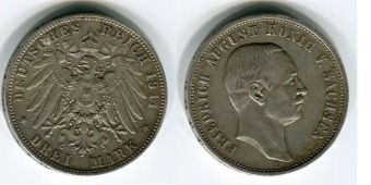 3 Марки Германия 1911 год, Саксония, Фридрих Aвгуст, Серебро