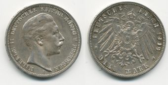 3 Марки Германия 1908 год, Пруссия, Вильгельм, Серебро