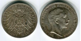 3 Марки Германия 1908 год, Пруссия, Вильгельм, Серебро