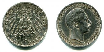 3 Марки Германия 1908 А год, Пруссия, Вильгельм, Серебро