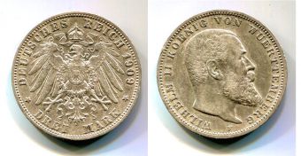 3 Марки Германия 1909 F год, Вюртемберг, Вильгельм, Серебро