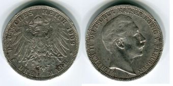 3 Марки Германия 1909 год, Пруссия, Вильгельм, Серебро