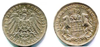 3 Марки Германия 1909 J год, Гамбург, Серебро