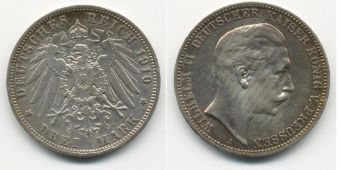 3 Марки Германия 1910 год, Пруссия, Вильгельм, Серебро