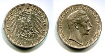 3 Марки Германия 1910 А год, Пруссия, Вильгельм, Серебро