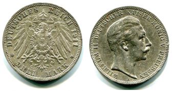 3 Марки Германия 1911 А год, Пруссия, Вильгельм, Серебро
