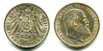 3 Марки Германия 1911 F год, Вюртемберг, Вильгельм, Серебро