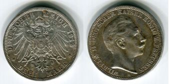 3 Марки Германия 1912 год, Пруссия, Вильгельм, Серебро