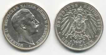 3 Марки Германия 1912 год, Пруссия, Вильгельм, Серебро