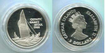 Каймановы острова 5 Долларов 1988 Олимпиада Парусники 