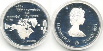 5 Долларов Канада 1973 Олимпиада Монреаль карта Канады