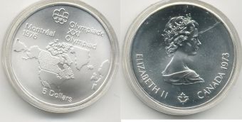 5 Долларов Канада 1973 Олимпиада Монреаль карта Канады