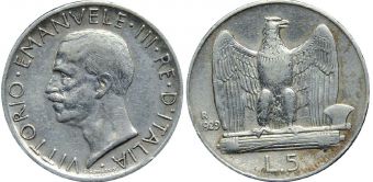 Италия 5 Лир 1929 год 