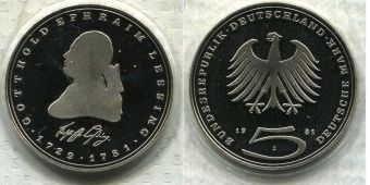 5 Марок Германия 1981 год, Готхольд Эфраим Лессинг