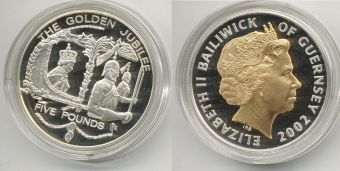 Гернси 5 Фунтов 2002 год, Золотой Юбилей Елизаветы, серебро, пруф