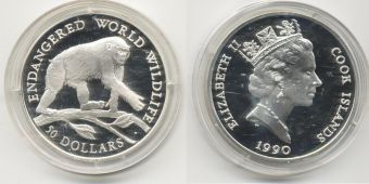 Острова Кука, 50 Долларов, 1990 год, Обезьяна, Серебро Пруф