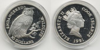 Острова Кука, 50 Долларов, 1991 год, Филин, Серебро Пруф