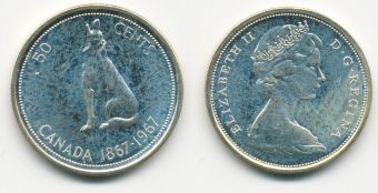 50 Центов Канада 1967 год, волк, Серебро 
