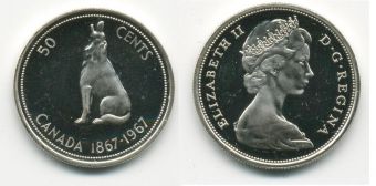 50 Центов Канада 1967 год, волк, Серебро 
